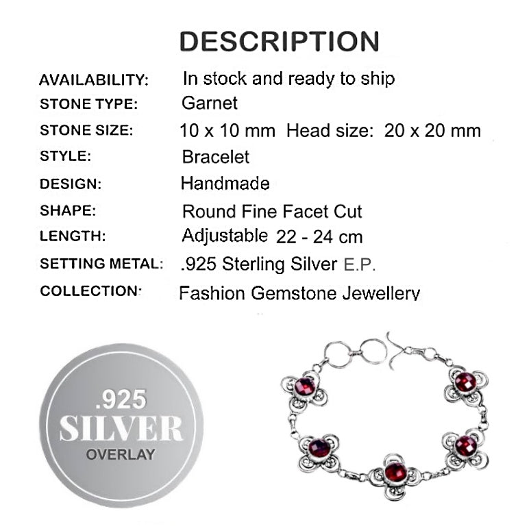 Pretty Floral Fine Cut Faceted Garnet Quartz Gemstone .925 Silver Fashion Bracelet