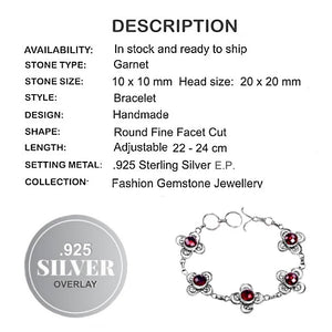 Pretty Floral Fine Cut Faceted Garnet Quartz Gemstone .925 Silver Fashion Bracelet