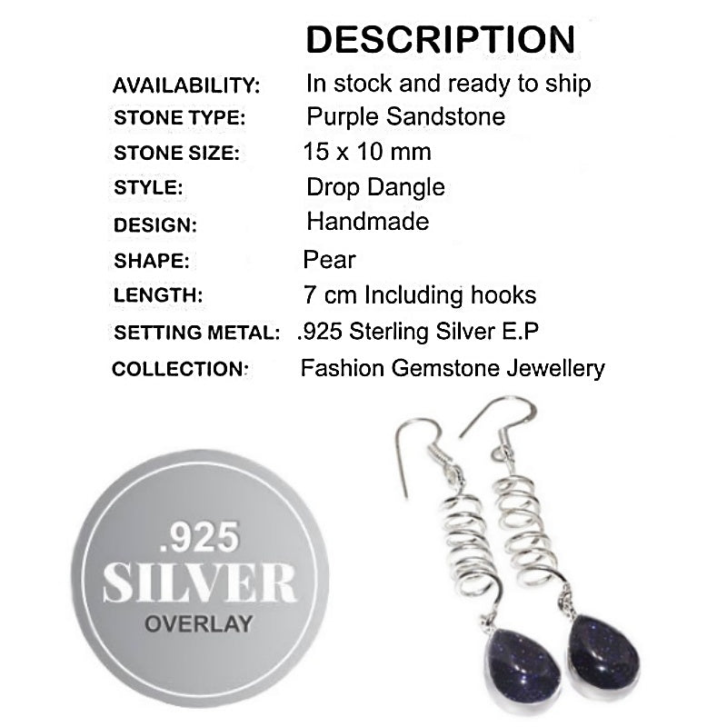Trendy Purple Sandstone Pears set in .925 Sterling Silver Long Earrings