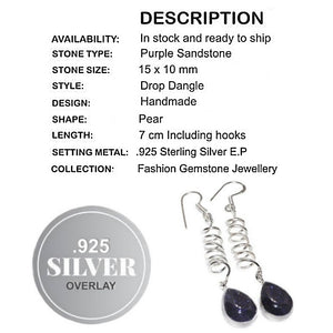Trendy Purple Sandstone Pears set in .925 Sterling Silver Long Earrings