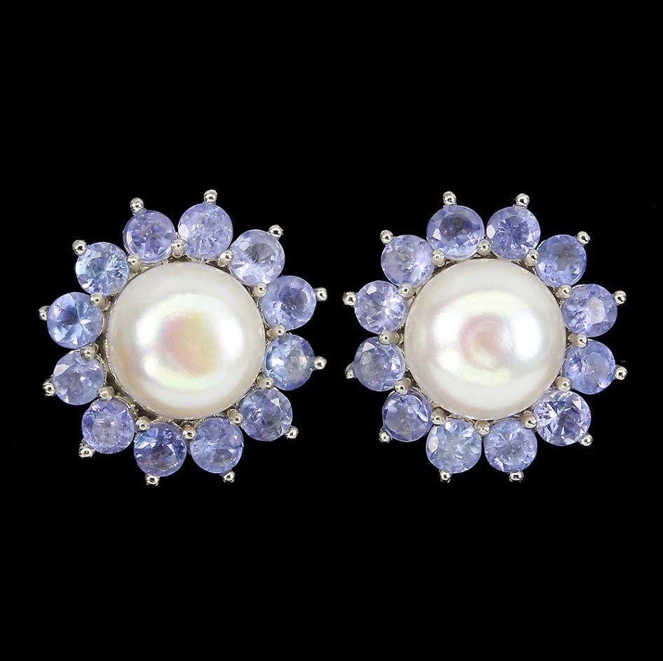 24 Natural Unheated Tanzanites and White Pearl Solid .925 Silver & White Gold Stud Earrings