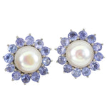24 Natural Unheated Tanzanites and White Pearl Solid .925 Silver & White Gold Stud Earrings