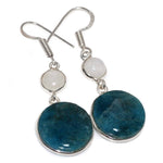 Natural Blue Green Round Apatite and Moonstone Gemstone .925 Silver Earrings