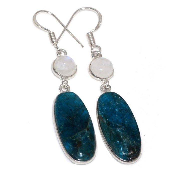 Natural Blue Green Oval Apatite and Moonstone Gemstone .925 Silver Earrings