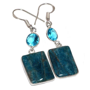 Natural Blue Green Apatite and Swiss Blue Topaz Gemstone .925 Silver Earrings