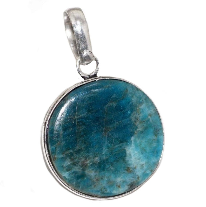Natural Blue Green Apatite Round Gemstone .925 Sterling Silver Pendant