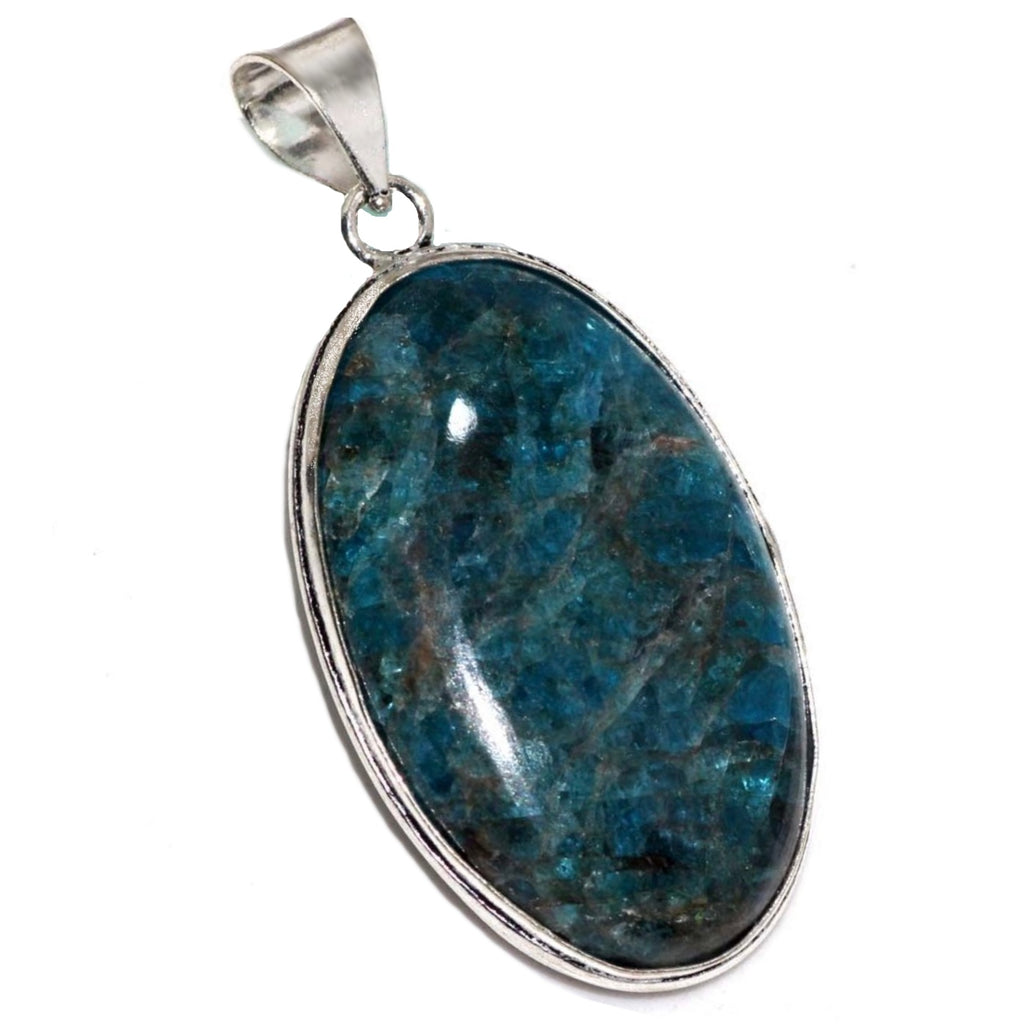 Natural Blue Apatite Oval Gemstone .925 Sterling Silver Pendant
