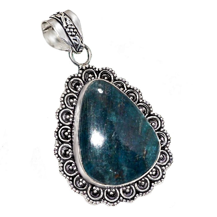 Antique Style Natural Blue Green Apatite Gemstone .925 Sterling Silver Pendant
