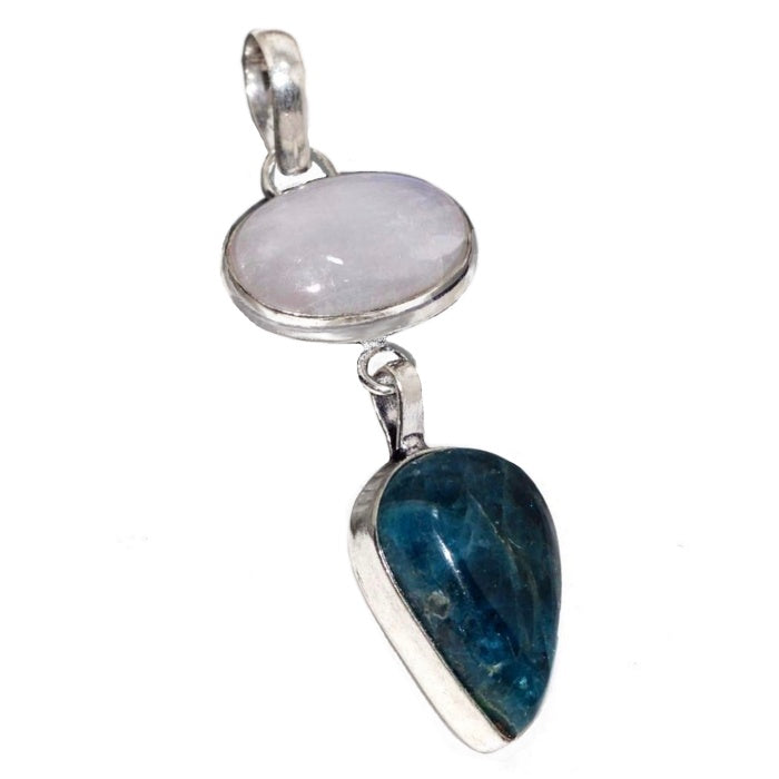 Natural Blue Green Apatite and Moonstone Gemstone .925 Sterling Silver Pendant