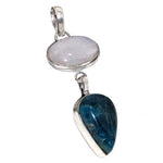 Natural Blue Green Apatite and Moonstone Gemstone .925 Sterling Silver Pendant
