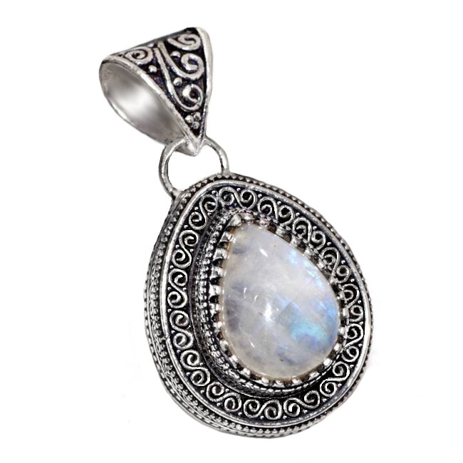 Extraordinary Handmade Antique Style Natural Rainbow Moonstone Pear .925 Sterling Silver Pendant
