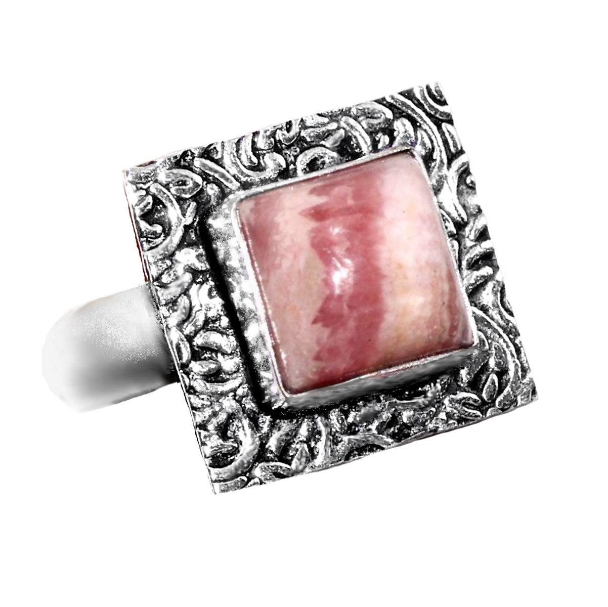 Natural Rhodochrosite Square Gemstone .925 Sterling Silver Ring Size 8 or Q