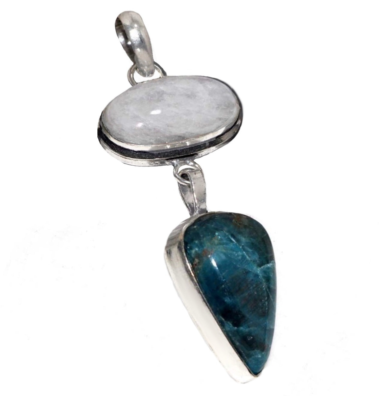 Natural Blue Green Mixed Shapes Apatite and Moonstone Gemstone .925 Sterling Silver Pendant