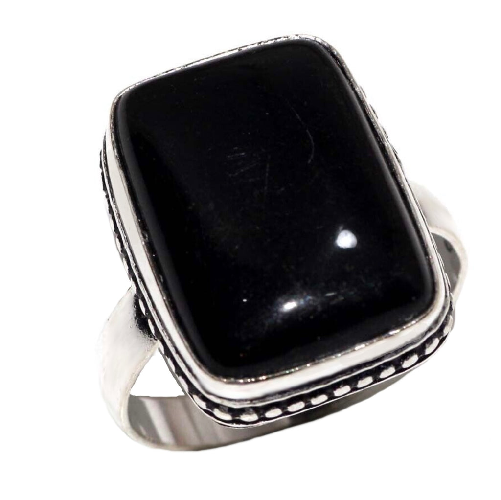 Handmade Black Onyx Rectangle Gemstone .925 Silver Ring Size US 8 or UK Q