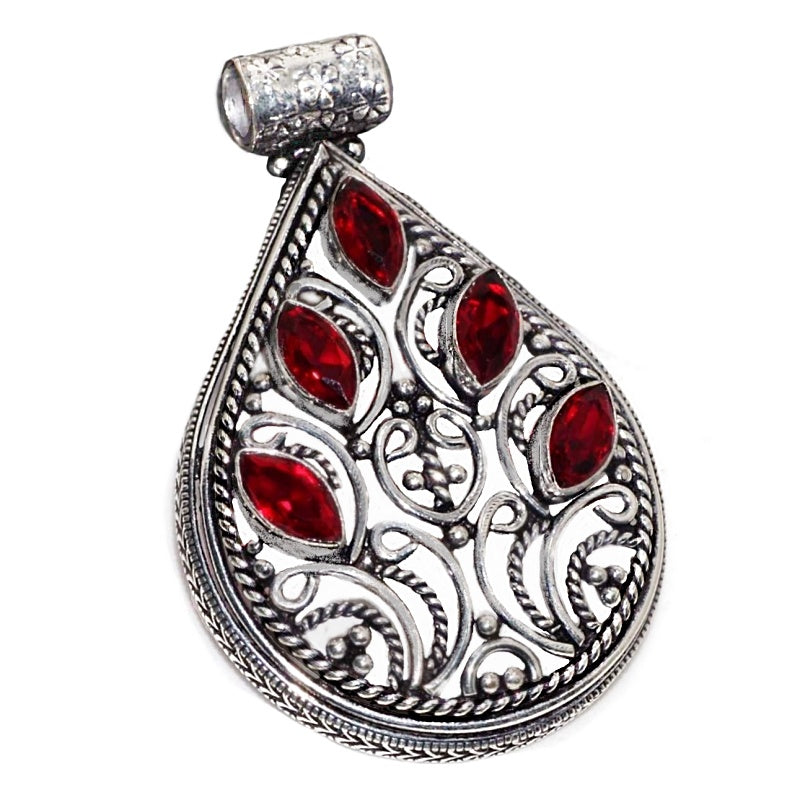 Indonesian Marquise Shape Deep Rich Red Garnet Gemstone in Ornate .925 Sterling Silver Pendant