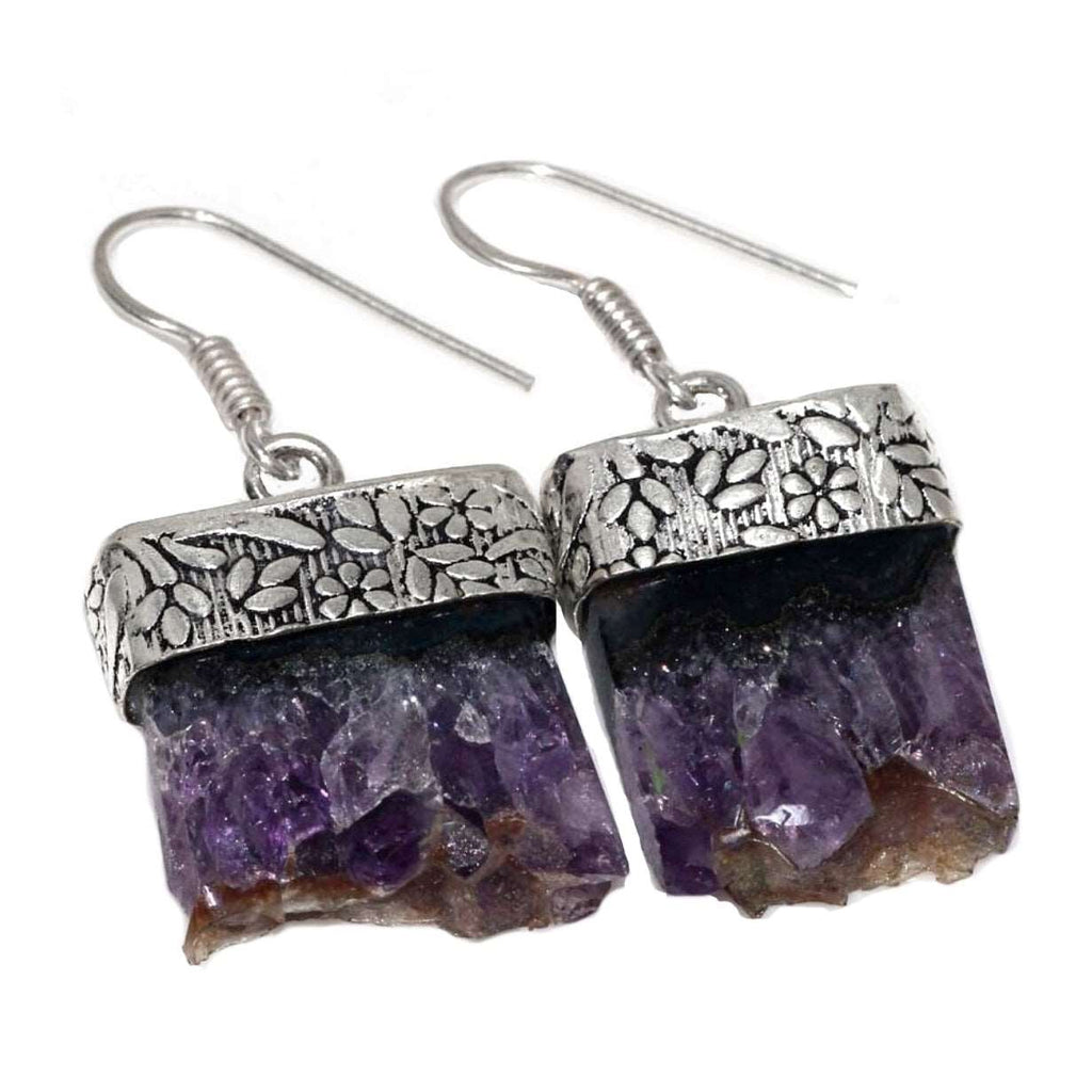 Awesome Handmade Natural Purple Amethyst Rough Gemstone 925 Silver Earrings