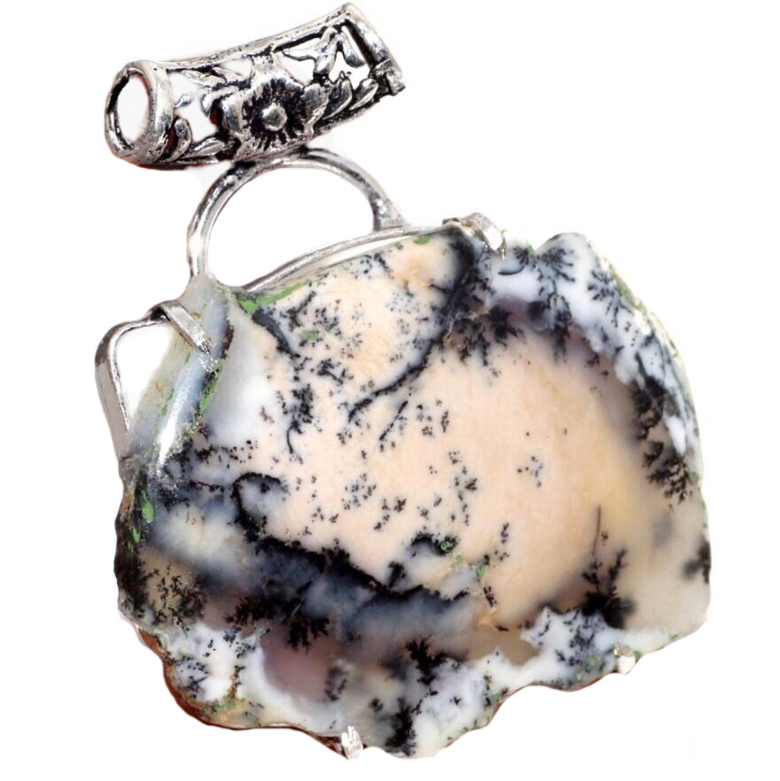 Handmade Natural Dendritic Opal Gemstone .925 Sterling Silver Pendant