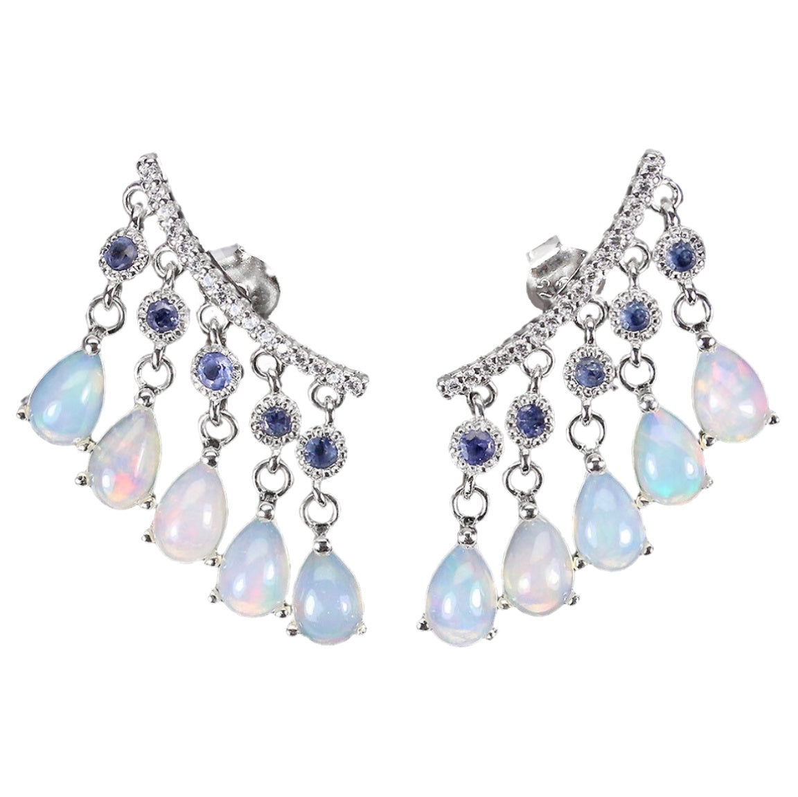 Natural Unheated Rainbow Ethiopian Fire Opal Tanzanite White Topaz Solid .925 Silver 14K White Gold Earrings