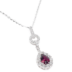 Natural Unheated Rhodolite Garnet AA White CZ Solid .925 Sterling Silver 14K White Gold Necklace