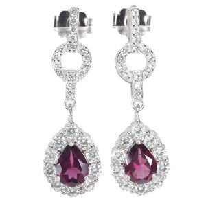 Natural Unheated Rhodolite Garnet AA White CZ Solid .925 Sterling Silver 14K White Gold Earrings
