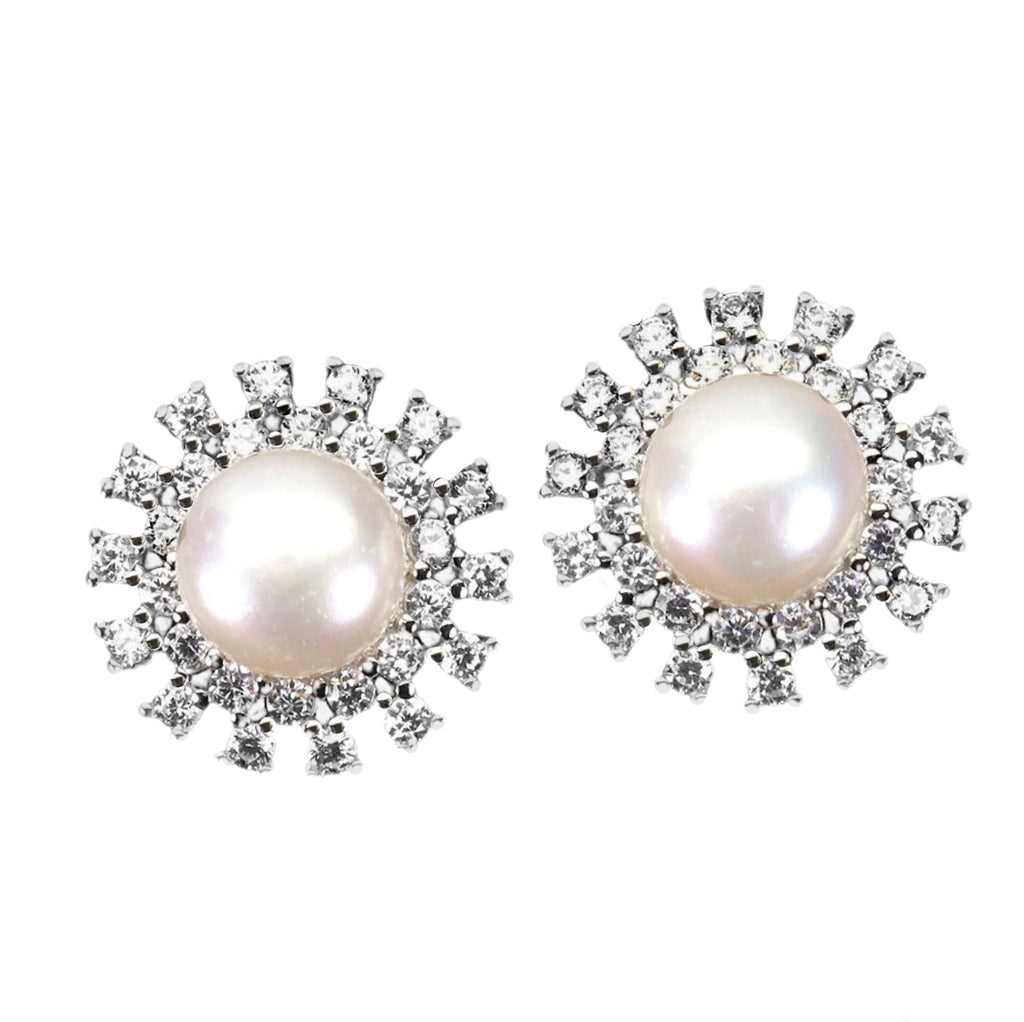 Deluxe 8 mm Natural Freshwater White Pearl, White CZ Solid .925 Silver 14K White Gold Stud Earrings