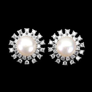 Deluxe 8 mm Natural Freshwater White Pearl, White CZ Solid .925 Silver 14K White Gold Stud Earrings