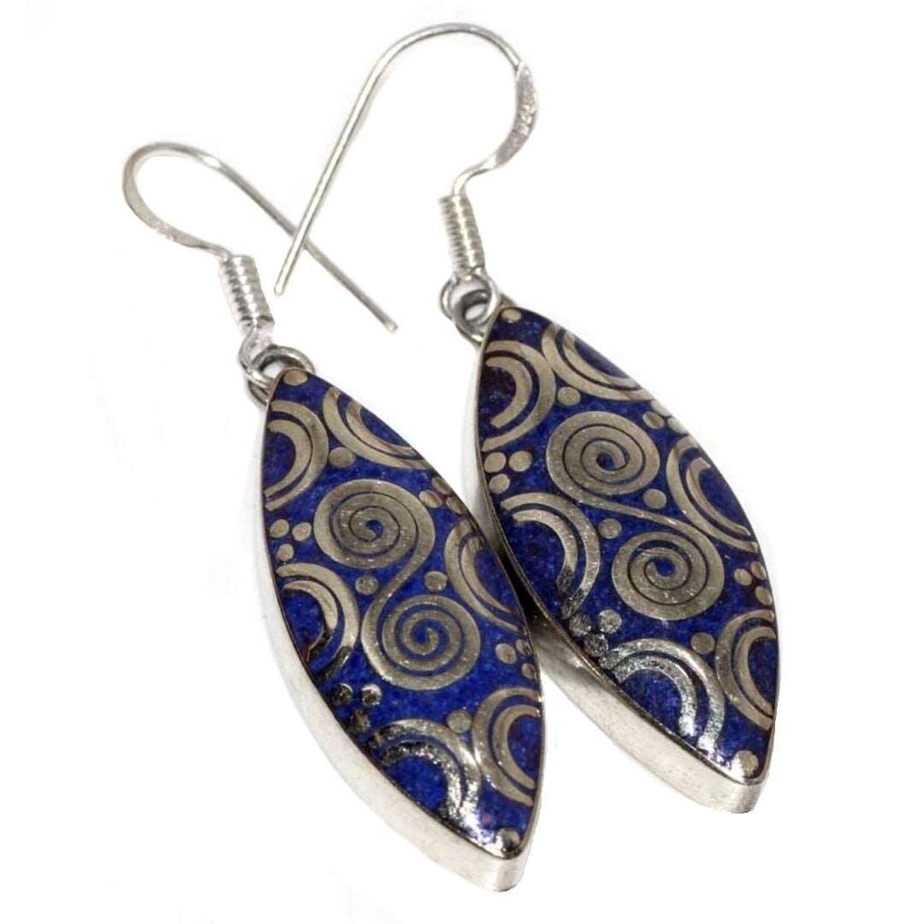 Nepali Natural Lapis Lazuli Marquise Shape earrings set in Tibetan Silver