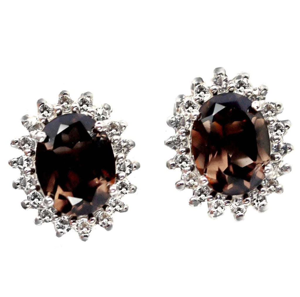 23.85cts Natural Unheated Smoky Quartz White Cubic Zirconia .925 Sterling Silver 14K W/Gold Earrings