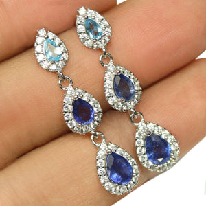 Deluxe Natural Heated Blue Sapphire, Blue topaz White CZ Solid .925 Silver 14K White Gold Earrings