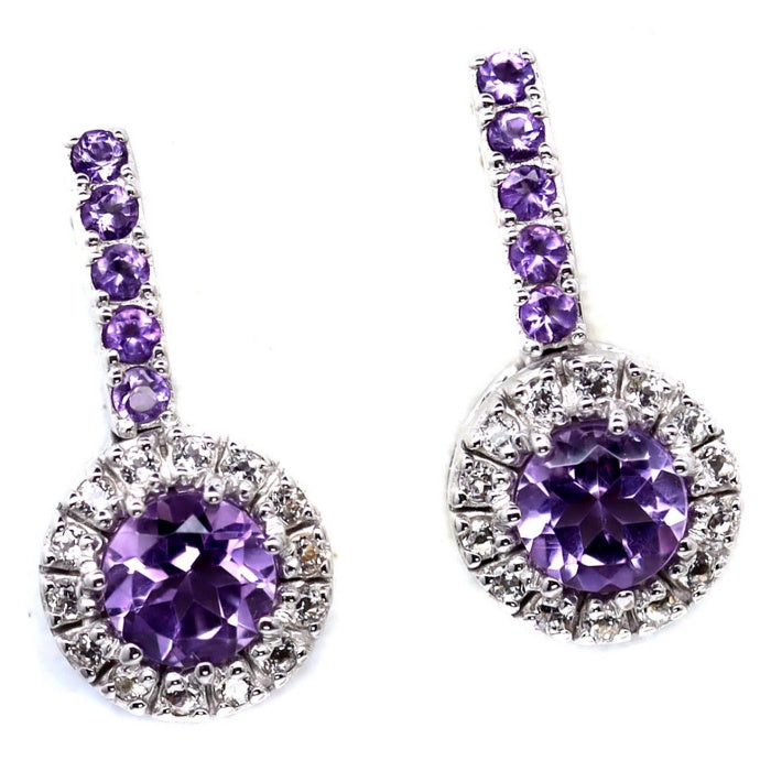 23.08 cts Authentic Unheated Purple Amethyst, White Topaz In Solid .925 Sterling Silver 14K White Gold Stud Earrings