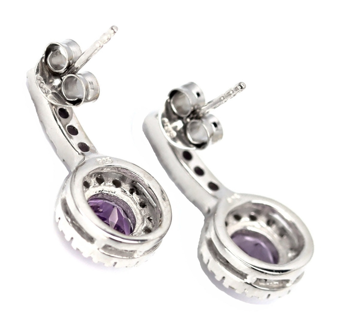 23.08 cts Authentic Unheated Purple Amethyst, White Topaz In Solid .925 Sterling Silver 14K White Gold Stud Earrings