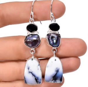 Natural Dendritic Opal, Black Onyx and Biwa Pearl Gemstone  925 Sterling Silver Earrings