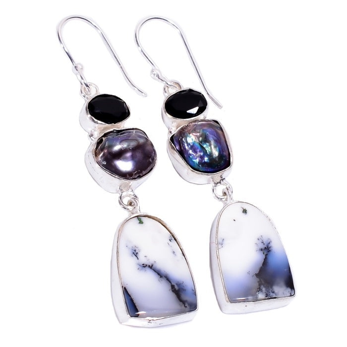 Natural Dendritic Opal, Black Onyx and Biwa Pearl Gemstone  925 Sterling Silver Earrings