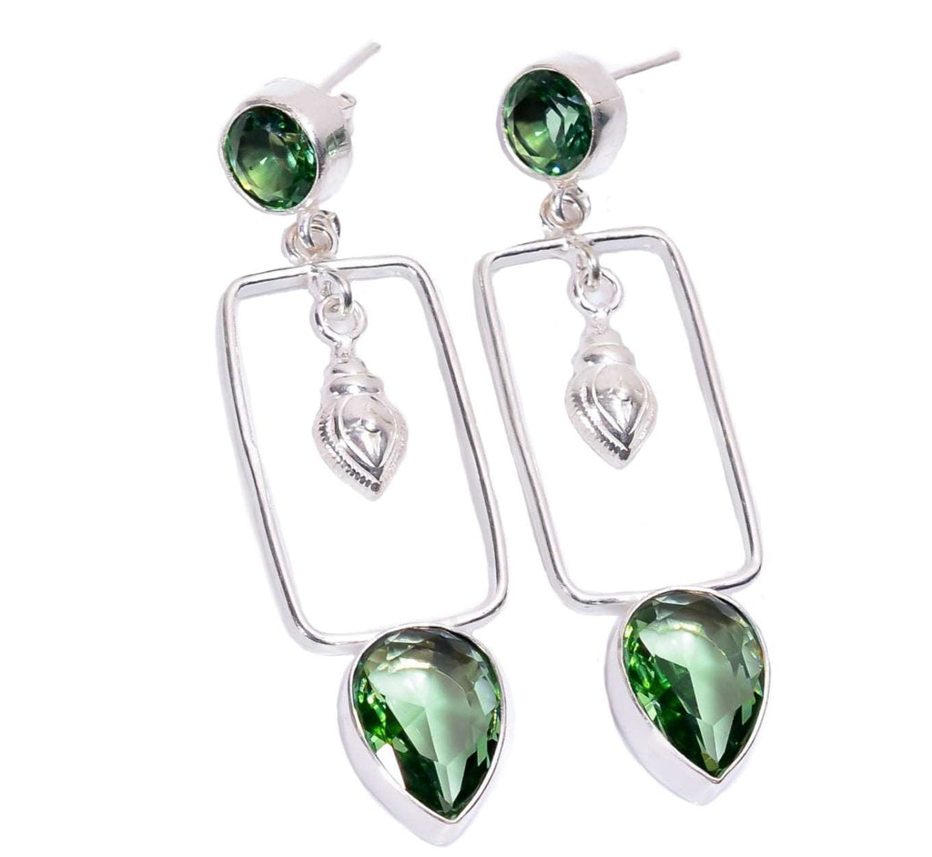 Modern Handmade Green Amethyst Pear Gemstones .925 Sterling Silver Long Stud Drop Dangle Earrings