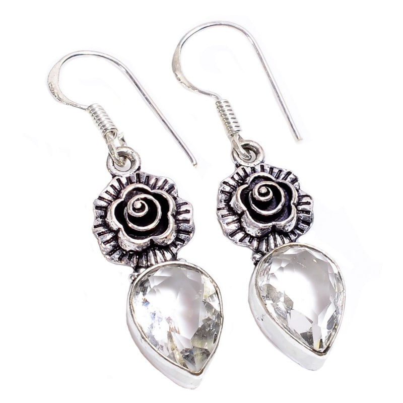 Handmade Rose Detail ans White Topaz Gemstone .925 Sterling Silver Earrings