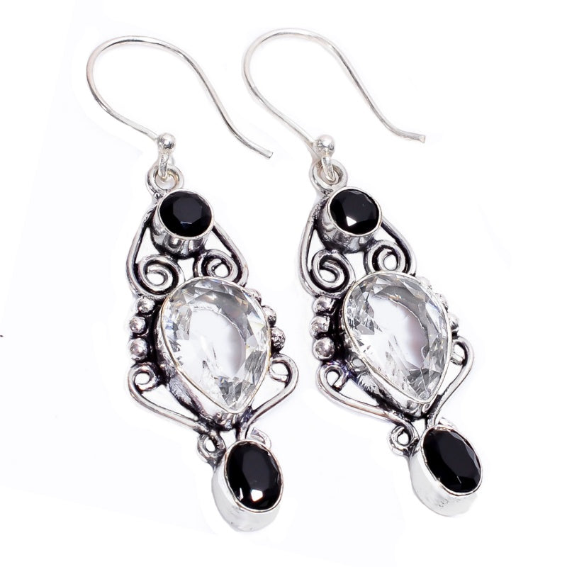 Antique Style White Topaz and Black Onyx Gemstone .925 Sterling Silver Earrings