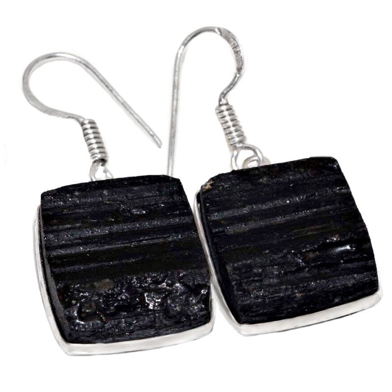 Natural Black Tourmaline Rough Gemstone Solid .925 Sterling Silver Earrings