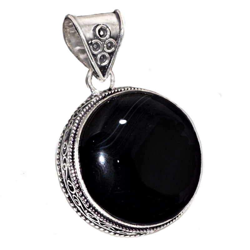 Handmade Antique Style Round Black Onyx Gemstone Silver Pendant