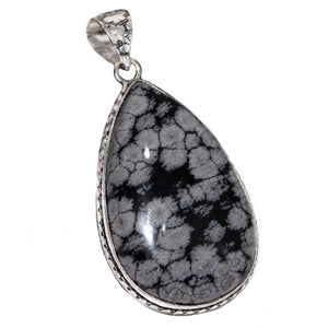 Handmade Antique Style Natural Snowflake Obsidian Pear .925 Sterling Silver Pendant