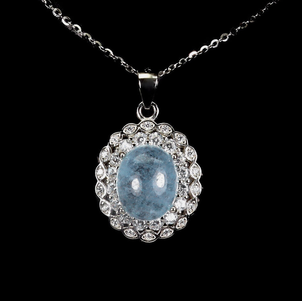 Deluxe Unheated Aquamarine Oval and White CZ Gemstone Solid .925 Sterling Silver Necklace