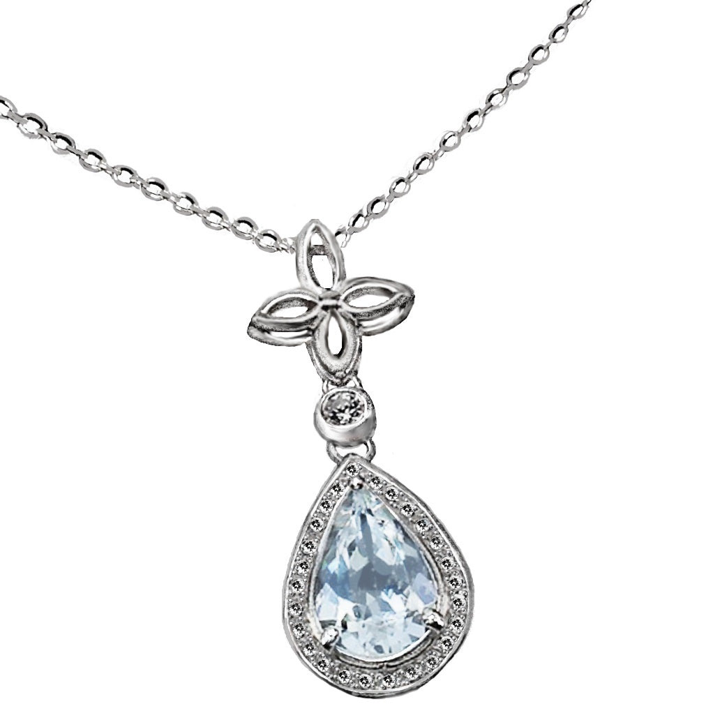 Delux Unheated Aquamarine Pear and White CZ Gemstone Solid .925 Sterling Silver Necklace