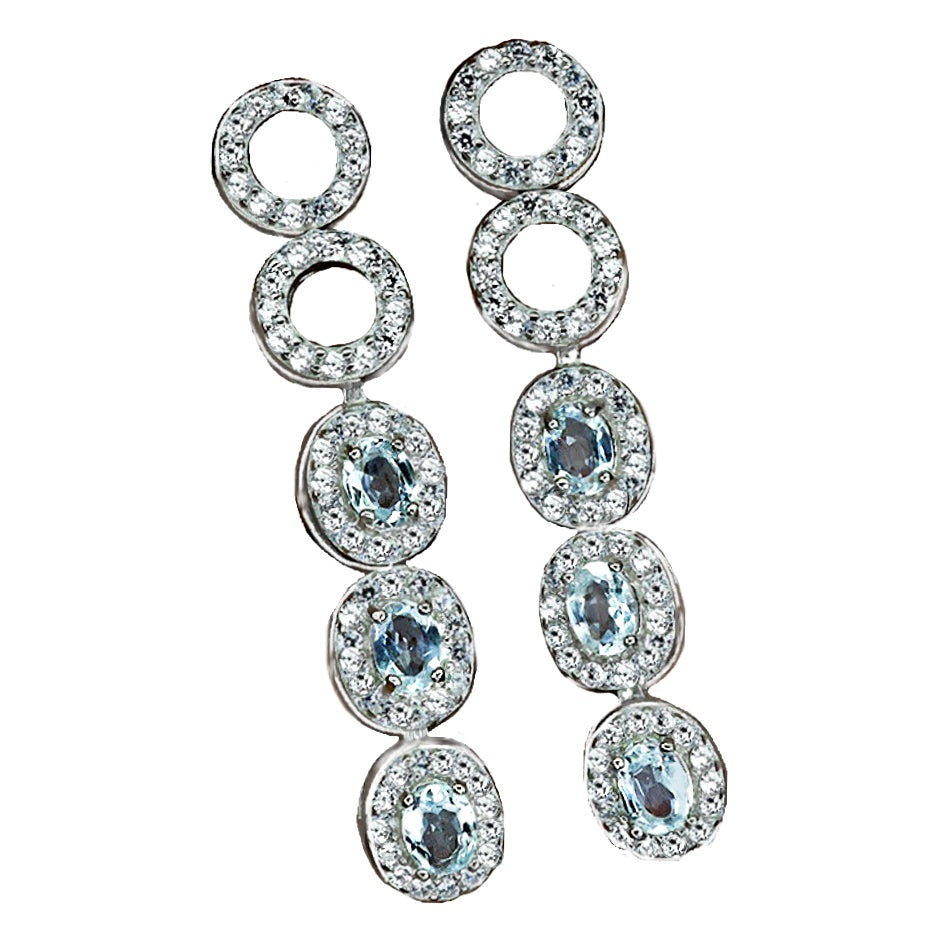 Deluxe Natural Unheated Aquamarine Ovals and White CZ Gemstone Solid .925 Sterling Silver Stud Earrings