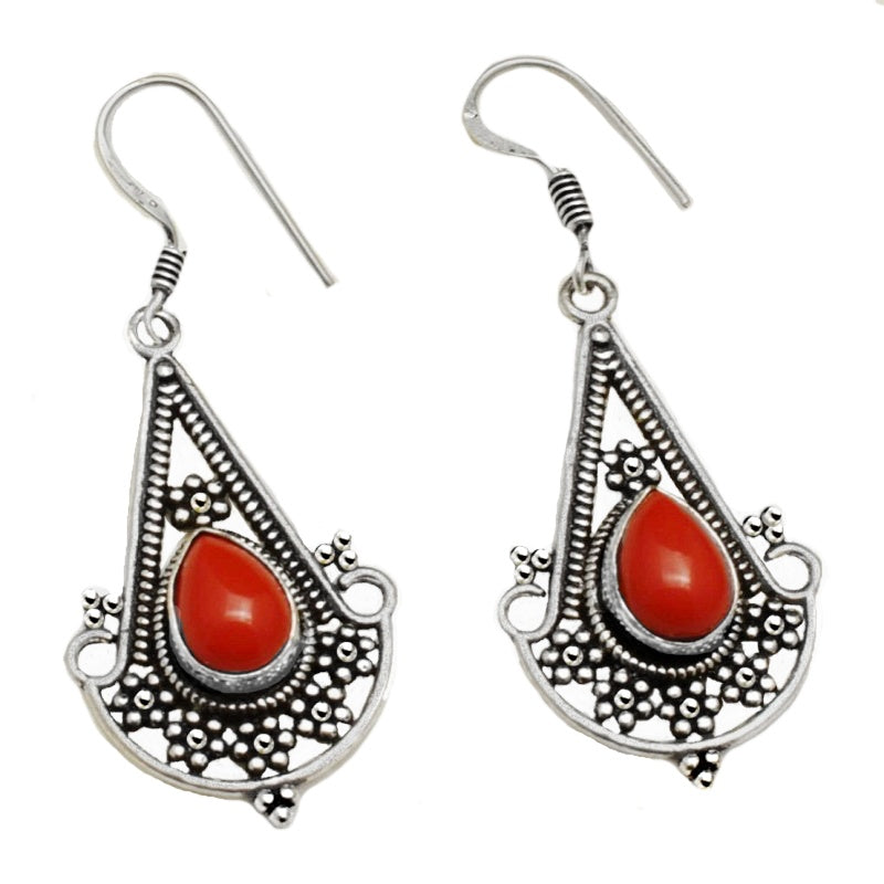 Handmade Ornate Antique Style Red Coral Pear Shape Gemstone .925  Sterling Silver EP Earrings