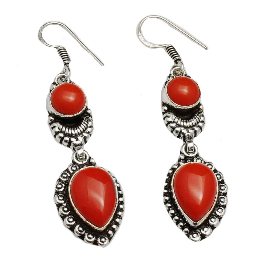 Handmade Antique Style Red Coral Mixed Shapes Gemstone .925  Sterling Silver EP Earrings