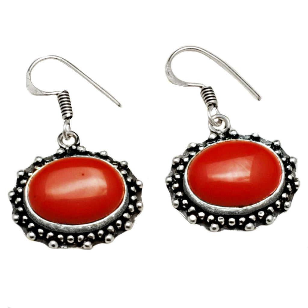 Handmade Antique Style Red Coral Oval Gemstone .925  Sterling Silver EP Earrings