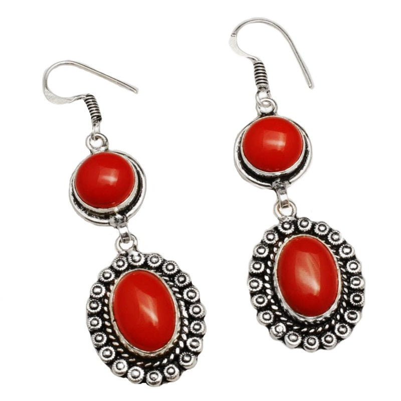 Handmade Antique Style Red Coral Oval Shape Gemstone .925  Sterling Silver EP Earrings