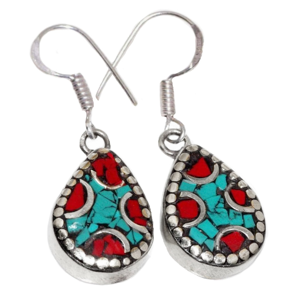 Handmade from Nepal Natural Turquoise, Red Coral Pear Shape Gemstone Earrings
