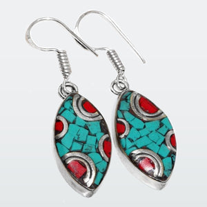 Handmade from Nepal Natural Turquoise Red Coral Marquise Shape Gemstone Earrings