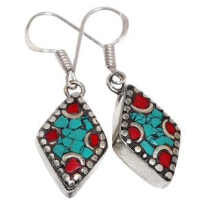 Handmade from Nepal Natural Turquoise Red Coral Diamond Shape Gemstone Earrings