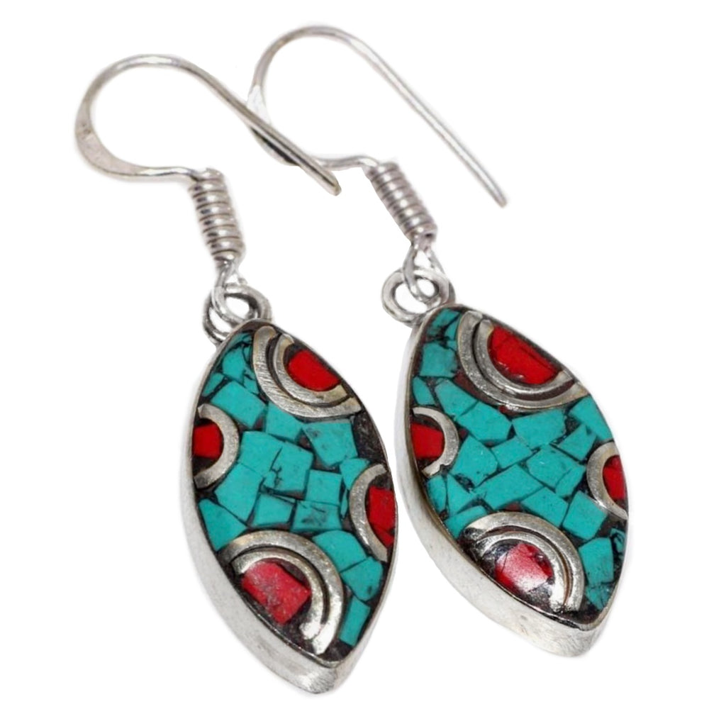 Handmade from Nepal Natural Turquoise Red Coral Marquise Shape Gemstone Earrings